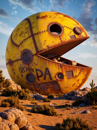 Tableau original représentant une structure métallique en forme de Pacman abandonnée dans un désert rocheux, entre art gaming et esthétique post-apocalyptique. Fabrication française sur-mesure.
