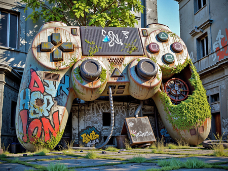 Découvrez notre tableau original représentant une manette géante abandonnée au milieu d'immeubles, mêlant art gaming, street art et atmosphère post-apocalyptique. Fabrication française sur-mesure.