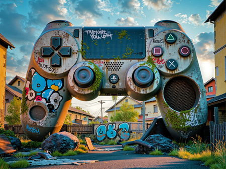 Découvrez notre tableau original représentant une manette géante abandonnée au milieu d'immeubles, mêlant art gaming, street art et atmosphère post-apocalyptique. Fabrication française sur-mesure.