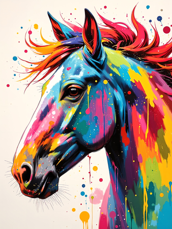 Tableau moderne de cheval pop art sur fond blanc, aux couleurs vives, effets de peinture dynamique et crinière multicolore. Fabrication française et qualité premium.