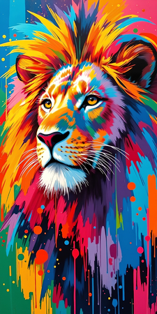Tableau moderne de lion pop art, portrait haut en couleurs avec crinière arc-en-ciel sur fond bleu-gris élégant. Fabrication française sur-mesure.