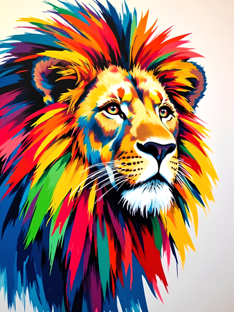 Tableau moderne de lion pop art, portrait haut en couleurs avec crinière arc-en-ciel sur fond bleu-gris élégant. Fabrication française sur-mesure.