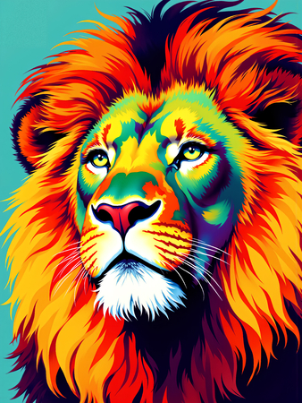 Tableau moderne de lion pop art sur fond gris turquoise, revisité dans un style graphique inspiré de Warhol. Fabrication française et qualité d'exception.