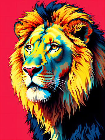 Tableau contemporain de lion pop art, style graphique inspiré d'Andy Warhol, sur fond rouge vibrant. Fabrication française et qualité haut de gamme.