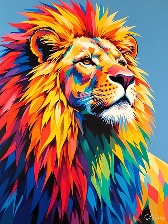 Tableau moderne de lion pop art, portrait haut en couleurs avec crinière arc-en-ciel sur fond bleu-gris élégant. Fabrication française sur-mesure.
