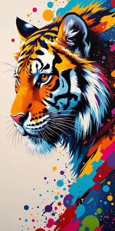 Tableau de tigre pop art vibrant, portrait haut en couleur sur fond clair, idéal pour une décoration audacieuse et moderne. Fabrication française sur-mesure.