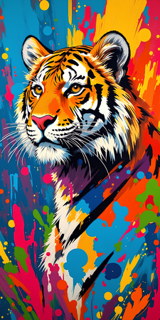 Tableau de tigre pop art vibrant, portrait haut en couleur sur fond clair, idéal pour une décoration audacieuse et moderne. Fabrication française sur-mesure.