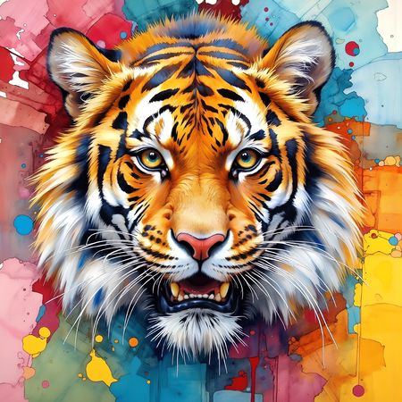 Tableau contemporain de tigre pop art sur fond blanc lumineux, tête centrale entourée d'éclats de couleurs vives. Fabrication artisanale française sur-mesure.