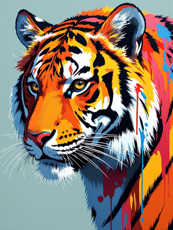 Tableau moderne de tigre en pop art : couleurs explosives et fond bleu-gris élégant pour une décoration contemporaine et audacieuse. Fabrication française sur-mesure.