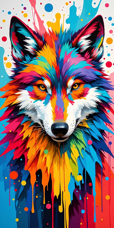 Tableau moderne de loup pop art sur fond clair, éclats de couleurs vives et mouvement intense. Fabrication artisanale française et qualité premium.
