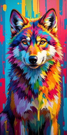 Tableau moderne de loup pop art sur fond clair, éclats de couleurs vives et mouvement intense. Fabrication artisanale française et qualité premium.