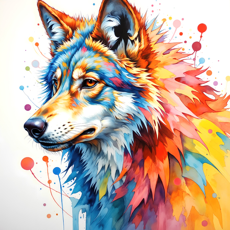 Tableau contemporain de loup pop art sur fond blanc lumineux, éclaboussures d'encres raffinées et crinière légère. Fabrication française artisanale sur-mesure.