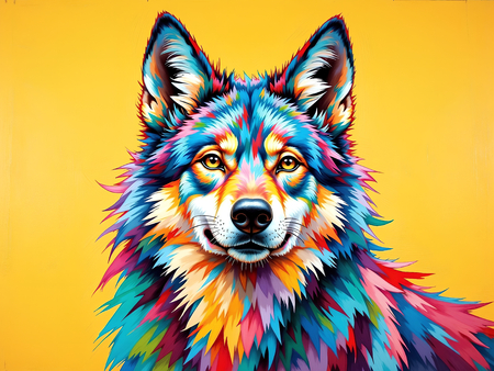 Tableau contemporain de loup pop art sur fond jaune lumineux, éclaboussures de couleurs vives et énergie sauvage. Fabrication française artisanale sur-mesure.