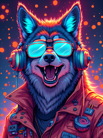 Tableau illustratif de loup pop art punk, ambiance néon violette, style manga et psychédélique. Fabrication artisanale française sur-mesure.