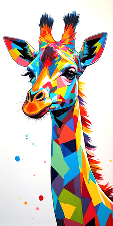 Tableau moderne de girafe en pop art : une création éclatante aux couleurs dynamiques et audacieuses. Fabrication française sur-mesure.