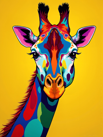 Tableau moderne de girafe en pop art : une création éclatante aux couleurs dynamiques et audacieuses. Fabrication française sur-mesure.
