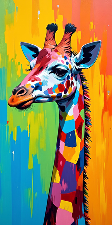 Tableau moderne de girafe en pop art : une création éclatante aux couleurs dynamiques et audacieuses. Fabrication française sur-mesure.