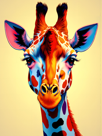 Tableau moderne de girafe en pop art : une création éclatante aux couleurs dynamiques et audacieuses. Fabrication française sur-mesure.