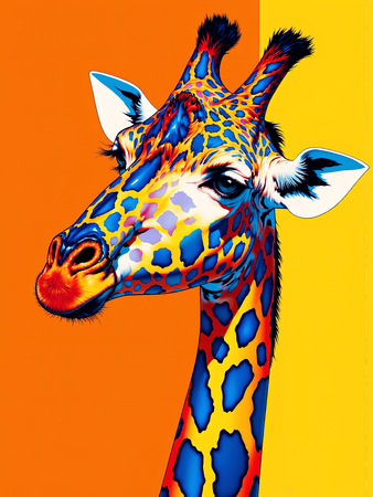 Tableau moderne de girafe en pop art : une création éclatante aux couleurs dynamiques et audacieuses. Fabrication française sur-mesure.