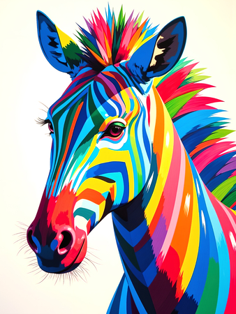 Découvrez notre tableau moderne de zèbre en pop art : un jeu vibrant de lignes graphiques et de couleurs éclatantes sur fond blanc. Fabrication française sur-mesure.