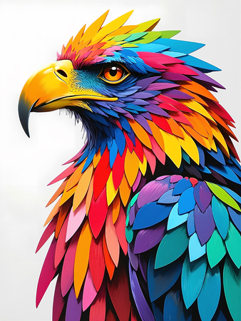 Tableau moderne d'aigle royal en pop art : un jeu de couleurs éclatantes et de touches de peinture dynamiques sur fond blanc. Fabrication française sur-mesure.