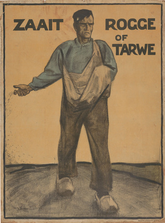 Tirage haut de gamme sur toile ou poster encadré français. Semer du seigle ou du blé. Affiche, montrant un agriculteur semeur ; ciel jaune, fond noir. Signé. Collé sur carton...
