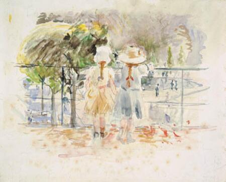 Affiche encadrée made in France de qualité ou toile d’art imprimée. Deux petites filles à une balustrade au bord du lac dans le Jardin des Tuileries, Paris...