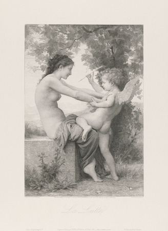 Toile imprimée premium en France ou affiche encadrée. L'amour dans la psyché. Psyché est assise sous un arbre sur un banc de pierre et repousse Amor...