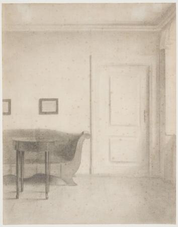 Toile imprimée en France de qualité fine art ou affiche encadrée. Intérieur avec canapé et petite table, une porte...