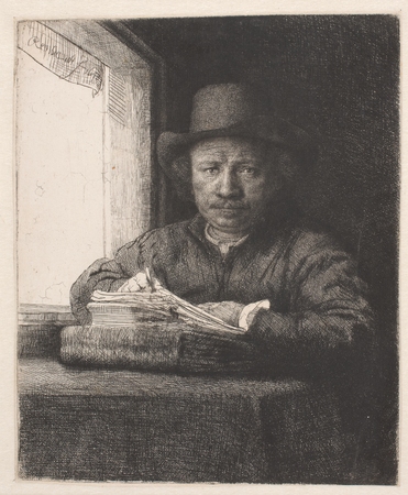 Impression d’art made in France ou affiche encadrée premium. Rembrandt dessinant à une fenêtre...