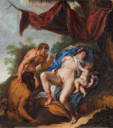 Poster encadré qualité France ou toile fine art imprimée. Vénus endormie avec Cupidon regardée par des satyres...