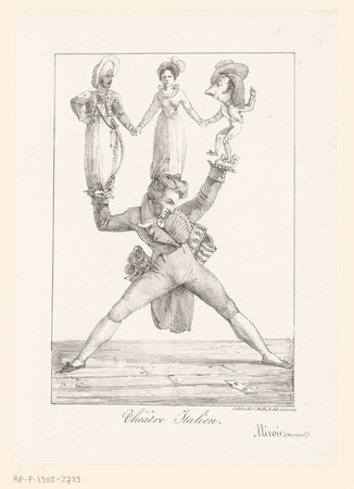 Impression fine art made in France sur toile ou poster encadré. Caricature du compositeur Rossini avec trois figures de théâtre...