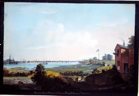 Impression fine art de qualité haut de gamme sur toile made in France ou poster encadré. Vue de la ville de New York et de l'hôpital marin prise de Wallabout...
