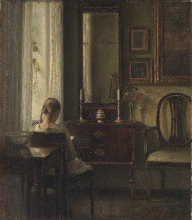 Tirage premium sur toile made in France ou affiche encadrée. Intérieur avec une fille lisant. Ce tableau de Carl Holsoe date de 1903...