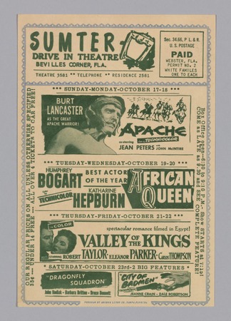 Toile d’art premium fabriquée en France ou affiche encadrée. Flyer pour le Sumter Drive In Theatre...