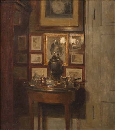 Toile fine art made in France imprimée ou affiche encadrée premium. Intérieur avec un samovar. Soir...