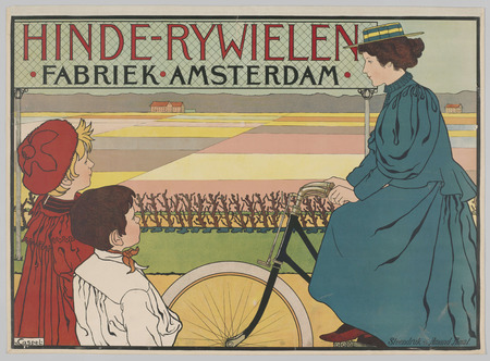 Impression d’art en France sur toile ou poster encadré. Hinde-Bicycles Factory Amsterdam. À droite, une femme avec un vélo, à gauche, deux enfants. Au fond un paysage...