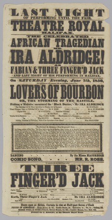 Impression d'affiche encadrée fine art made in France ou toile d’art. Affiche de théâtre mettant en vedette Ira Aldridge dans Lovers of Bourbon...