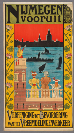 Impression de qualité sur toile made in France ou poster encadré. Affiche pour promouvoir le tourisme à Nimègue. Avec des femmes regardant le Waal avec des bateaux...