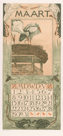 Impression premium sur toile d’art made in France ou affiche encadrée. Feuille de calendrier de mars avec des cigognes. Les cigognes sont sur leur nid...