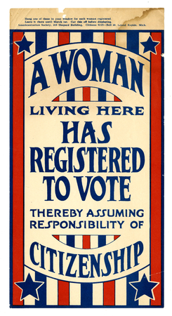 Poster fine art fabriqué en France de qualité ou toile d’art imprimée. Panneau, "Une femme vivant ici s'est inscrite pour voter", 1919...