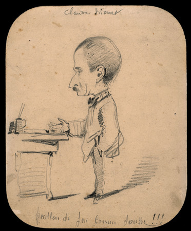 Impression haut de gamme made in France sur toile ou poster encadré. Caricature d'un homme debout par bureau (recto) ; Croquis de la tête masculine de profil (verso)...