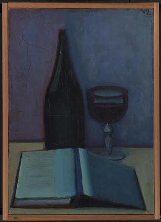 Toile fine art premium fabriquée en France ou affiche encadrée. Nature morte avec un livre, un verre et une bouteille...
