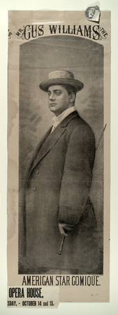 Affiche encadrée de qualité en France ou toile d’art premium. M. Gus Williams la star comique américaine. Tirage noir et blanc, portrait de 3/4 d'un homme (Gus Williams)...