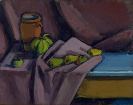 Poster premium fabriqué en France ou toile fine art encadrée. Nature morte avec un pot et des fruits...