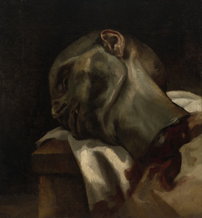 Affiche encadrée en France ou toile fine art imprimée. Tête d'homme guillotiné. Théodore Géricault a peint cette image macabre directement sur le vif...