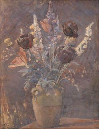 Affiche encadrée d'art réalisée en France ou toile fine art imprimée. Vase en argile avec tulipes et autres fleurs...