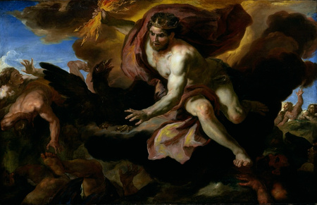 Affiche d’art encadrée française ou toile imprimée. Jove jette ses foudres sur les géants rebelles. Rottmayer était un artiste inspiré par la mythologie...