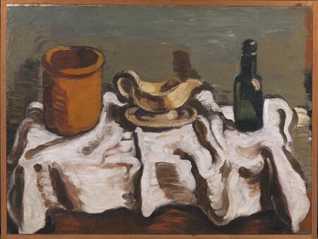 Affiche fine art encadrée fabriquée en France ou toile imprimée premium. Nature morte au bocal, à la saucière et à la bouteille...