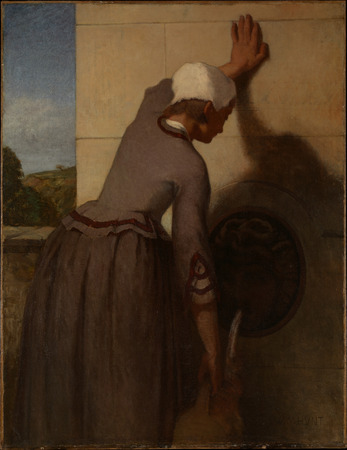 Tirage d'art premium sur toile ou poster encadré français. Fille à la fontaine...